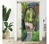 Xiaoterna Tenda da doccia del giardino giapponese 3D primavera foresta natura scenario tenda da bagno Porta d'ingresso in legno rustico cerchio verde pianta sole Tenda da doccia lavabile 90x180cm