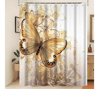 Xiaoterna Tenda da doccia oro 3D Dio Farfalla Fiori Tenda da bagno Acquerello Farfalla Oro Fiore in fiore Idrorepellente Tessuto Tenda da doccia Lavabile Stampa Digitale Decorazioni 180x240cm