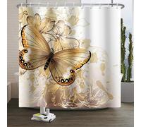 Xiaoterna Tenda da doccia oro 3D Dio Farfalla Fiori Tenda da bagno Acquerello Farfalla Oro Fiore in fiore Idrorepellente Tessuto Tenda da doccia Lavabile Stampa Digitale Decorazioni 180x200cm