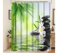 Xiaoterna Tenda da doccia Spa Primavera Zen Meditazione Giardino Muffa Resistente Tenda da bagno Verde Foglie di bambù Nero Pietra Tenda da doccia lavabile all'acqua Orchidea bianca 180x200cm