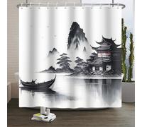 Xiaoterna Tradizionale pittura giapponese tenda da doccia Giapponese edificio asiatico inchiostro pittura Tenda da doccia Montagna nebbiosa barca oca selvatica all'aperto Tenda da bagno 150x180cm