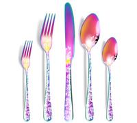 XIAOYU 5 pezzi set di argenteria, set di posate nere, set di posate lucidate a specchio in acciaio inossidabile, set di coltelli forchette cucchiai con unico laser floreale, arcobaleno