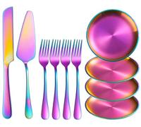 XIAOYU set da 10 pezzi per servire torte, composto da coltello e paletta per torte in acciaio inossidabile con forchette e piattini da dessert, per compleanni, feste e matrimoni (arcobaleno)