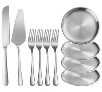 XIAOYU set da 10 pezzi per servire torte, composto da coltello e paletta per torte in acciaio inossidabile con forchette e piattini da dessert, per compleanni, feste e matrimoni