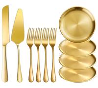 XIAOYU set da 10 pezzi per servire torte, composto da coltello e paletta per torte in acciaio inossidabile con forchette e piattini da dessert, per compleanni, feste e matrimoni (oro)
