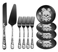 xiaoyu Set di 10 pezzi coltello e paletta per torta a forma di teschio con forchetta da dessert e piatto, utensili gotici per tagliare la torta, design unico con motivo scheletro, fiore e pipistrello