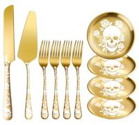 xiaoyu Set di 10 pezzi coltello e paletta per torta a forma di teschio con forchetta da dessert e piatto, utensili gotici per tagliare la torta, design unico con motivo scheletro, fiore e pipistrello