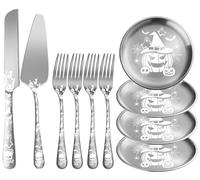 xiaoyu Set di 10 pezzi per Halloween con coltello e paletta per torta a forma di scheletro, forchette e piattini per dessert, design gotico unico con teschio e zucca, per Halloween, Pasqua e Natale