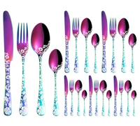 XIAOYU Set di posate da 24 pezzi, servizio di posate in acciaio inossidabile per 6, design con motivi floreali di peonia, set dnclude coltelli/forchette/cucchiai, arcobaleno