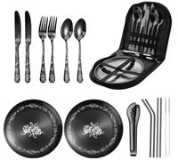 XIAOYU set di posate da campeggio in metallo da 16 pezzi per picnic con custodia portatile, stoviglie da campeggio per picnic per 2, kit di posate in acciaio inossidabile per esterni, nero