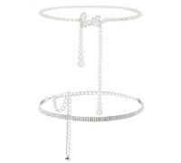 XIAQICA 2 Donna Cintura Vita Catena con Strass + Farfalla Perla Cintura, 110cm Donna Cintura Vita Catena Regolabile Brillantini Argento Moda per Abito da Sera, Vestito, Jeans