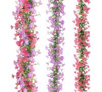XIAQICA 2 Pezzi Ghirlanda Fiori Finti 180cm Gloria Mattutina Fiori Finti da Esterno Sospeso Piante Rampicanti Finte per Matrimonio Giardino Parete Balcone Viola Rosso (Rosa e Viola)