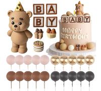 XIAQICA Cake Topper Orsetto 25 Pezzi Decorazione Torta Orso Bruno Orso Babyshower con Lettera“BABY" Palline Marrone e Oro Ddecorazione Torta Orsi per Bambini Torta Compleanno Babyshower