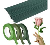 XIAQICA Kit Composizione Floreale 3 Rotoli Adesivo Nastro Floreale per Fiori 27m x 12mm Elastico Nastro Fiorista Verde e 100 Gambo Floreale Filo per Bouquet Floreale Wrap Floris DIY Craft Projects