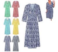 XIBHDN Bohemian Casual Print V-Neck Waist Wrap Long Dress, 3/4 Sleeve Flowy Dresses for Women, Casual Print V-Neck Long Dress (IT, Testo, M, Regular, Regular, Navy Blue)