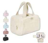 XIBHDN Cureaway Travel Cosmetic Bag,Large Capacity Wide-Open Travel Cosmetic Bag,Waterproof Portable Pouch Open Flat Toiletry Bags for Women with Divider and Handle (Beige)