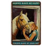 Xiddxu Targa in metallo con scritta in lingua inglese "Horses Make Me Happy Humans Make My Head Hurt", per casa, soggiorno, cucina, bar, decorazione da parete, stile vintage, 20 x 30 cm