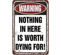 Xiddxu Targa in metallo con scritta "Nothing in here is worth dying for!", per casa, soggiorno, cucina, bar, decorazione da parete, stile vintage, 14 x 20 cm