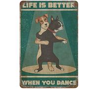 Xiddxu Targa in metallo retrò in latta, cartello in latta con cane che balla, cartello in latta con cane musicale, cartello vintage in latta con cane ama la musica, targhe decorative da parete