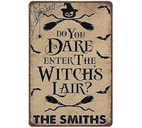 Xiddxu Targa in metallo retrò in stile shabby resistente, targa in metallo spesso, con scritta "Do You Dare Enter The Witch's Lair", decorazione da parete vintage, decorazione da parete vintage per la