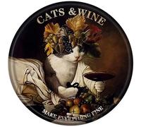 Xiddxu Targa rotonda in metallo con scritta "Cats & Wine Make Everything Fine Retro Art Wall Decor Antique Tin Sign Vintage Pubblicità Metal Sign Farmhouse Coffee Shop Street Garden Garage Metal Signs