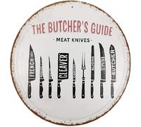 Xiddxu Targa rotonda in metallo con scritta "The Butcher's Guide Meat Knives", adatta per casa e cucina, grill, ristorante, bar, caffetteria, garage, decorazione da parete retrò vintage, diametro 30,5
