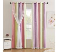 XiDi Lichtspiel Tende oscuranti termiche con foro a stella | Colori delicati 86x213cm per camera da letto con velo e perforazione decorativa Pin/Ye/Pur/86/214/2