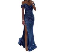 XIEHYA Abiti da Sera Maxi a Sirena Donna Eleganti con Paillettes Spalle Scoperte e Spacco Formale a Vita Alta for la Festa per Feste Cocktail Nozze(Color 1,XL)