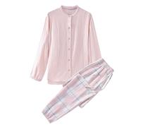 XIEHYA Set Pigiama Top Cardigan a Maniche Lunghe con Pantaloni Lunghi dal Design Scozzese Set Pigiama in Filato a Doppio Strato di Cotone da 2 Pezzi per Donna(Pink,XXL)