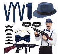 Xietaea Accessori per costume da uomo anni '20, Mafia Peaky Blinders, papillon, bretelle, cappello, cravatta, barba e occhiali, accessori per Halloween, carnevale, cosplay, feste di carnevale