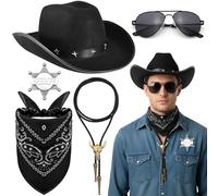 Xietaea Cowboy - Set di accessori da uomo e da donna, 5 pezzi, con cappello, distintivo Paisley Bandana, cravatta bolo per carnevale, feste a tema, carnevale, Nero , Taglia unica