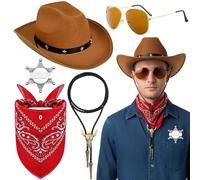 Xietaea Cowboy - Set di accessori da uomo e da donna, 5 pezzi, con cappello, distintivo Paisley Bandana, cravatta bolo per carnevale, feste a tema, carnevale, marrone, Taglia unica