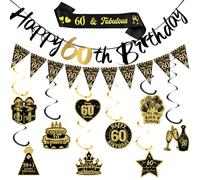 Xietaea Decorazione per 60° compleanno, per uomo e donna, 60° compleanno, ghirlanda da appendere, colore nero, fascia dorata e bandierine per 60 anni, decorazione per feste di compleanno
