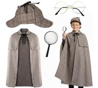 Xietaea Set di accessori per costume da detective per bambini - 4 pezzi Sherlock Holmes accessori con mantello, cappello, occhiali e lente d'ingrandimento, per Halloween, carnevale, feste, ragazzi e
