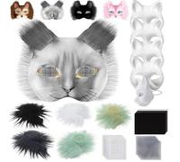 XIEXIESHER 29 Pz Maschera Gatto, Therian Mask con Pelliccia e Rete per Gli Occhi, DIY Maschera Bianca, Maschere Dipinte Dai Da Te, Maschera Bianca Gatto per Carnevale, Cosplay, Halloween Party(Grigio)