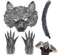 XIEXIESHER Maschera da Lupo Set, 4 Pezzi Costume Halloween Lupo-Mannaro, Include Maschera Guanti Coda, Mannaro Costume Adatto Adulto, Accessori Per Costumi Halloween