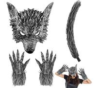 XIEXIESHER Maschera da Lupo Set, 4 Pezzi Costume Halloween Lupo-Mannaro, Include Maschera Lupo Guanti Coda, Lupos Mannaro Costume Adatto Adulto Bambino, Accessori Per Costumi Halloween