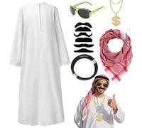 XIEXIESHER Vestito Arabo Uomo, Carnaval Costume Sceicco Arabo, Con Fascia per Capelli, Collane, Sciarpa, 6 Barba, Occhiali da Sole, Sciarpe per La Testa Carnevale, Feste, Cosplay
