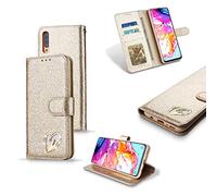 Xifanzi Brillantini Glitters Case for Samsung Galaxy A50 360 Gradi Bling Bling Oro Shell Wallet PU 3D Amore Cuore Strass Cover Custodia Morbido Case Libro Leather Pelle per Samsung Galaxy A50