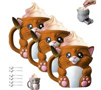 Xifyjus Cuddles The Cat Ice Pint Holder, Stampa 3D con Simpatico Gattino, Coperchio Per Pinta di Gelato con Manico E Cassetto per Snack A Due Cucchiai(Marrone,3pcs)