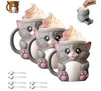 Xifyjus Cuddles The Cat Ice Pint Holder, Stampa 3D con Simpatico Gattino, Coperchio Per Pinta di Gelato con Manico E Cassetto per Snack A Due Cucchiai(Gray,3pcs)
