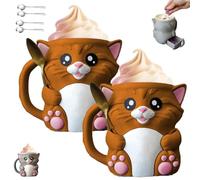 Xifyjus Cuddles The Cat Ice Pint Holder, Stampa 3D con Simpatico Gattino, Coperchio Per Pinta di Gelato con Manico E Cassetto per Snack A Due Cucchiai(Marrone,2pcs)