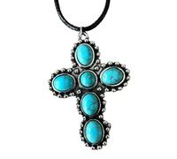 XIGAWAY Collana con ciondolo a forma di croce turchese, girocollo in lega d'argento antico con cordino in pelle, 53,3 cm, gioielli artistici vintage, collezione primavera 2025