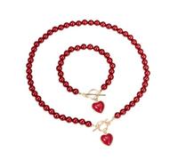 XIGAWAY Set di collana e braccialetto con perle a forma di cuore, per donne, set di gioielli con perle finte, set regalo abbinato rosso e bianco, One Size, Perla sintetica, Nessuna pietra preziosa