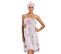 xigua Bath Towel Head Wrap Set for Women, Adjustable Closure Bathrobe, Wearable Bathing Tube Dress Spa Cover up Towels for Shower, Pink Cherry Blossom & Cute Bee