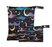 xigua Borsa per pannolini con stelle e luna, colorate, 2 pezzi, borsa per bagnata e asciutta, riutilizzabile, impermeabile, lavabile, da appendere, con due grandi tasche con cerniera, per pannolini,