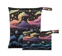 xigua Borsa per pannolini con stelle e luna, colorate, 2 pezzi, borsa per bagnata e asciutta, riutilizzabile, impermeabile, lavabile, da appendere, con due grandi tasche con cerniera, per pannolini,
