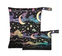 xigua Borsa per pannolini con stelle e luna, colorate, 2 pezzi, borsa per l'asciugatura bagnata, riutilizzabile, impermeabile, lavabile, da appendere, con due grandi tasche con cerniera, per