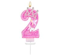 XIHIRCD Candela di Compleanno Numero 2, 7,3cm Candele con Numeri Glitterati Rosa con Farfalla e Corona Strass, Decorazioni per Anniversari Compleanno