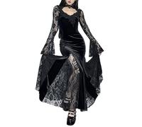 XIKBHYD - Maxi abito da donna gotico da fata, vintage, a maniche lunghe, in velluto, vestibilità aderente, abito lungo Harajuku da strega, Nero , L